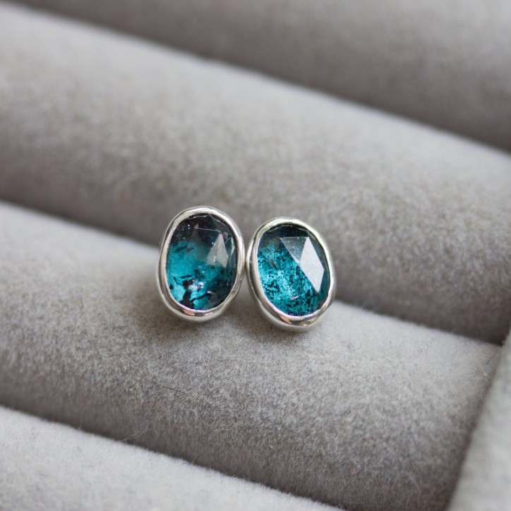 Moss Kyanite stud earrings, sterling silver