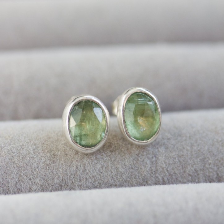 Ocean green Kyanite stud earrings, sterling silver