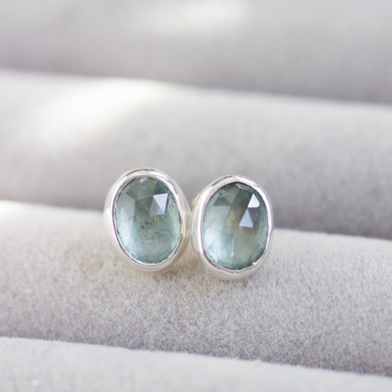 Steel blue Kyanite stud earrings, sterling silver