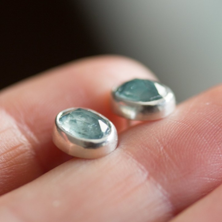 Steel blue Kyanite stud earrings, sterling silver
