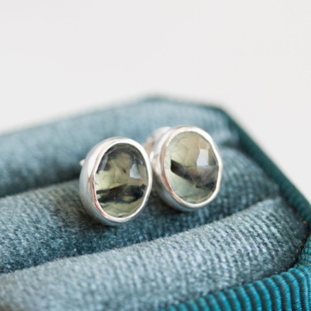 Rutilated Prehnite stud earrings, sterling silver