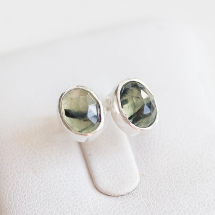 Rutilated Prehnite stud earrings, sterling silver