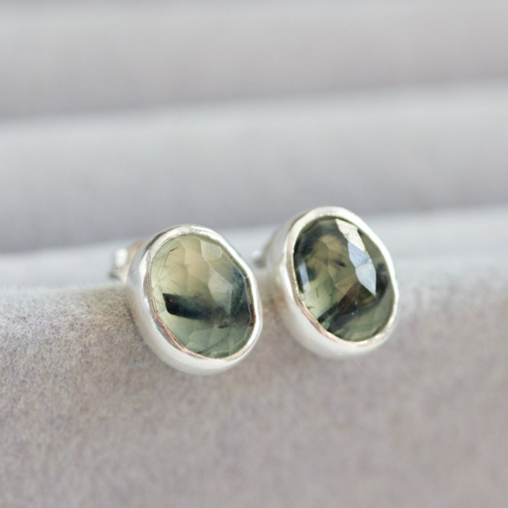 Rutilated Prehnite stud earrings, sterling silver