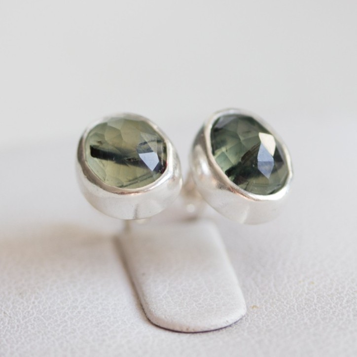 Rutilated Prehnite stud earrings, sterling silver