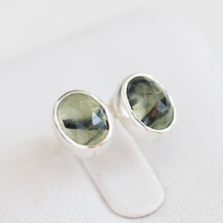 Rutilated Prehnite stud earrings, sterling silver