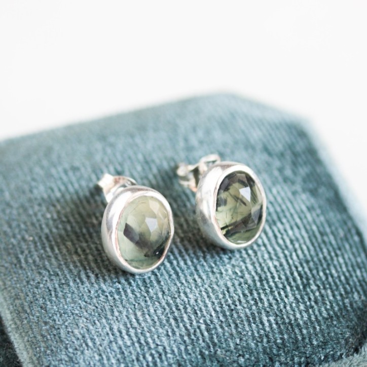 Rutilated Prehnite stud earrings, sterling silver