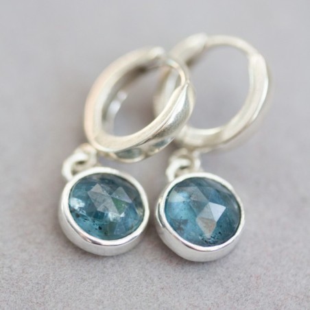 Huggie earrings with dangling blue kyanites in sterling silver