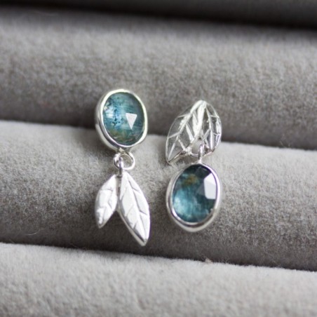Asymmetrical earrings with moss kyanite stones, sterling silver