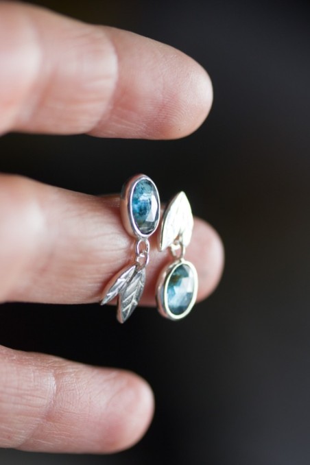 Asymmetrical earrings with moss kyanite stones, sterling silver