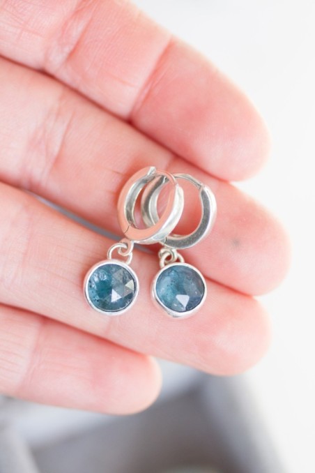 Huggie earrings with dangling blue kyanites in sterling silver