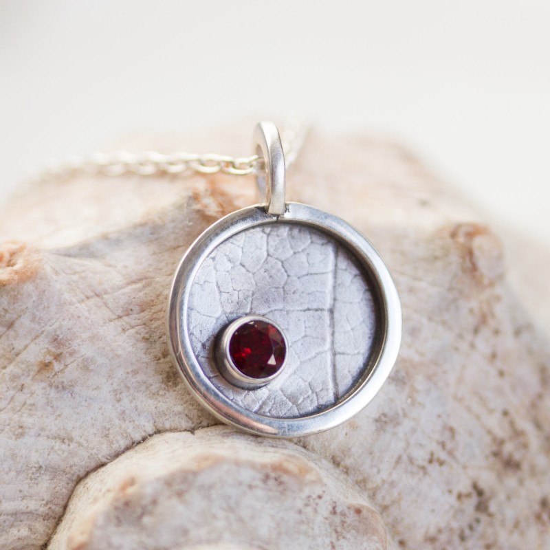Garnet necklace - leaf texture, sterling silver