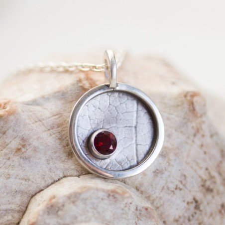 Garnet necklace - leaf texture, sterling silver