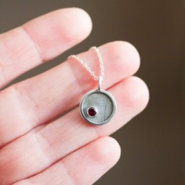 Garnet necklace - leaf texture, sterling silver
