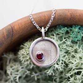 Garnet necklace - leaf texture, sterling silver