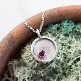 Garnet necklace - leaf texture, sterling silver