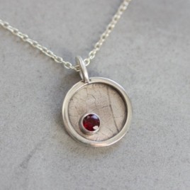 Garnet necklace - leaf texture, sterling silver