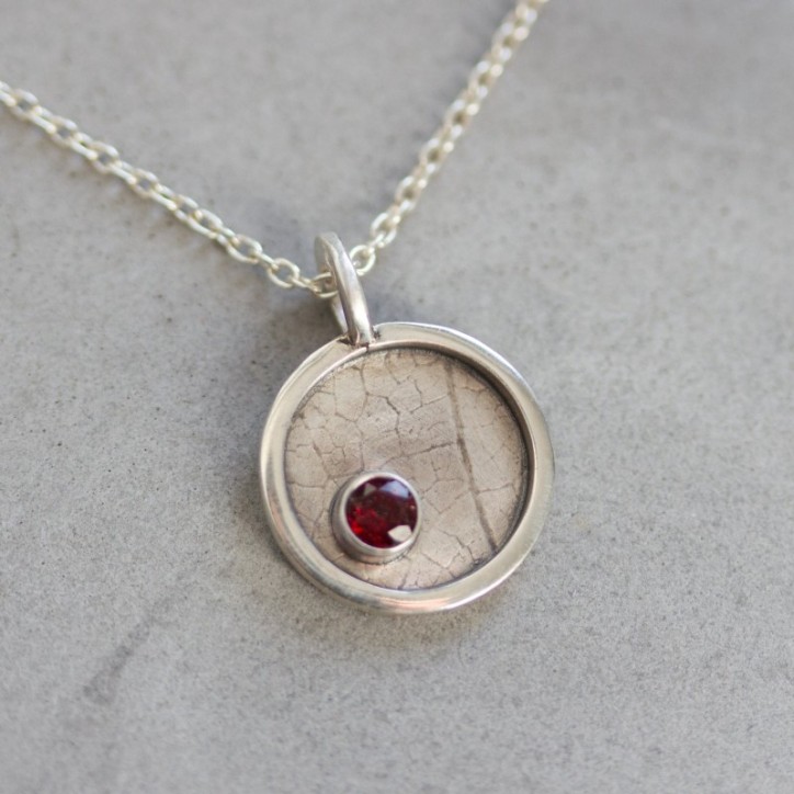Garnet necklace - leaf texture, sterling silver