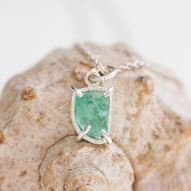 Raw Emerald necklace - rough stone necklace, sterling silver