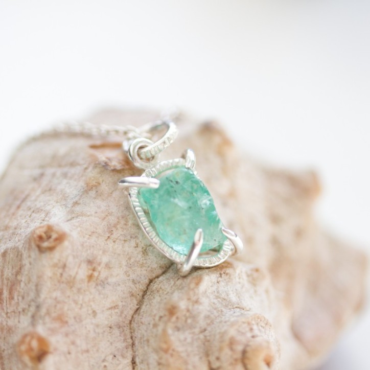 Raw Emerald necklace - rough stone necklace, sterling silver