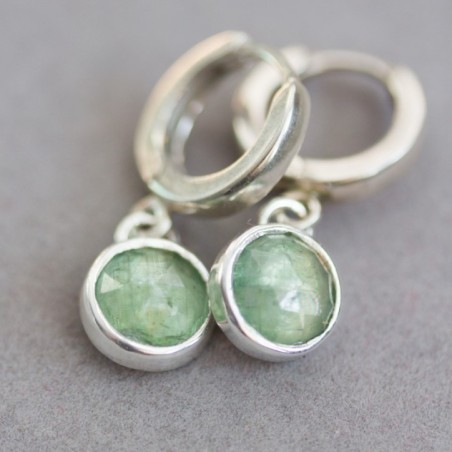 Huggie earrings with dangling green kyanites in sterling silver