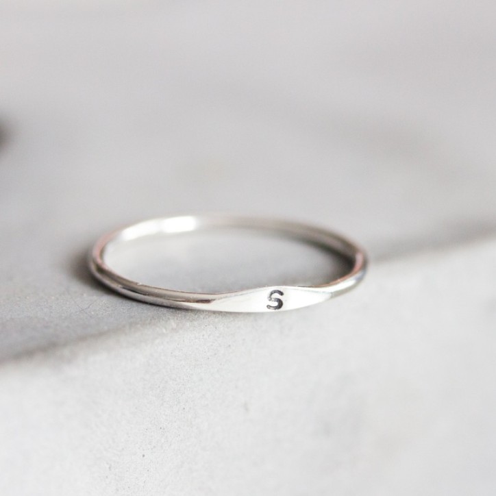 Monogram ring with hand stamped initial, stackable sterling silver ring