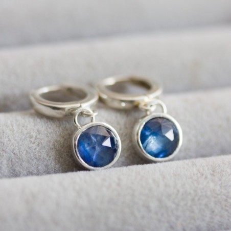 Huggie earrings with dangling blue kyanites in sterling silver