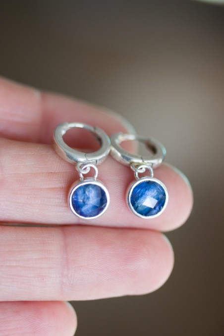Huggie earrings with dangling blue kyanites in sterling silver