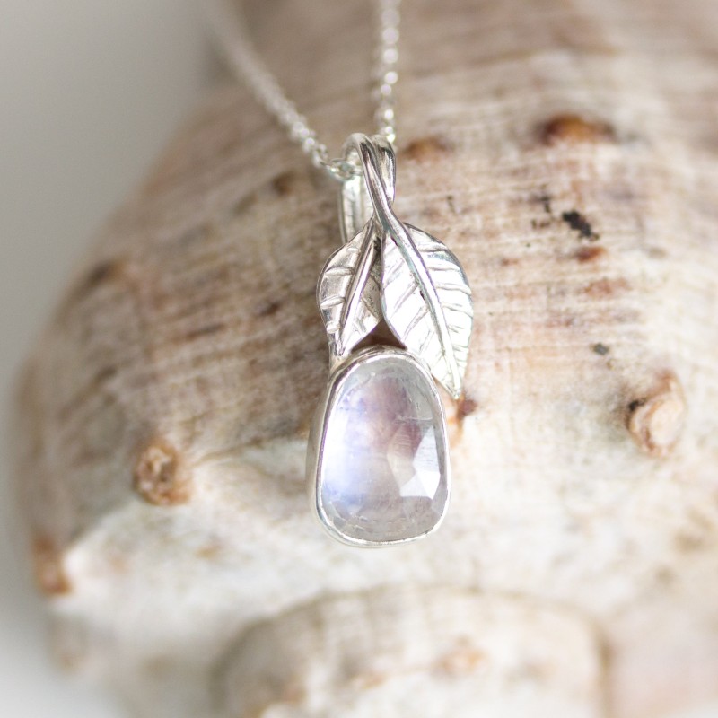 Rainbow moonstone necklace, sterling silver leaves