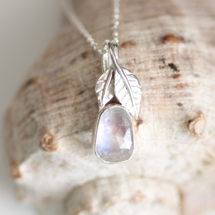 Rainbow moonstone necklace, sterling silver leaves