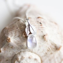Rainbow moonstone necklace, sterling silver leaves