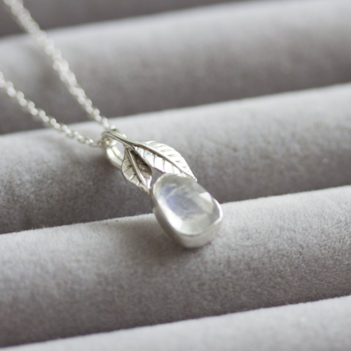 Rainbow moonstone necklace, sterling silver leaves