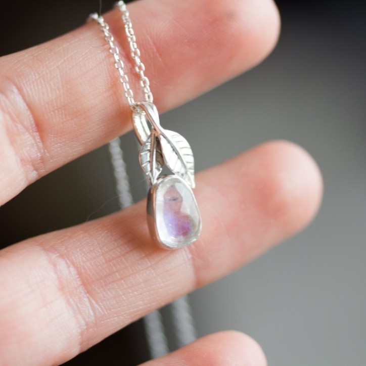 Rainbow moonstone necklace, sterling silver leaves