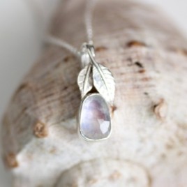 Rainbow moonstone necklace, sterling silver leaves