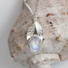 Rainbow moonstone necklace, sterling silver leaves