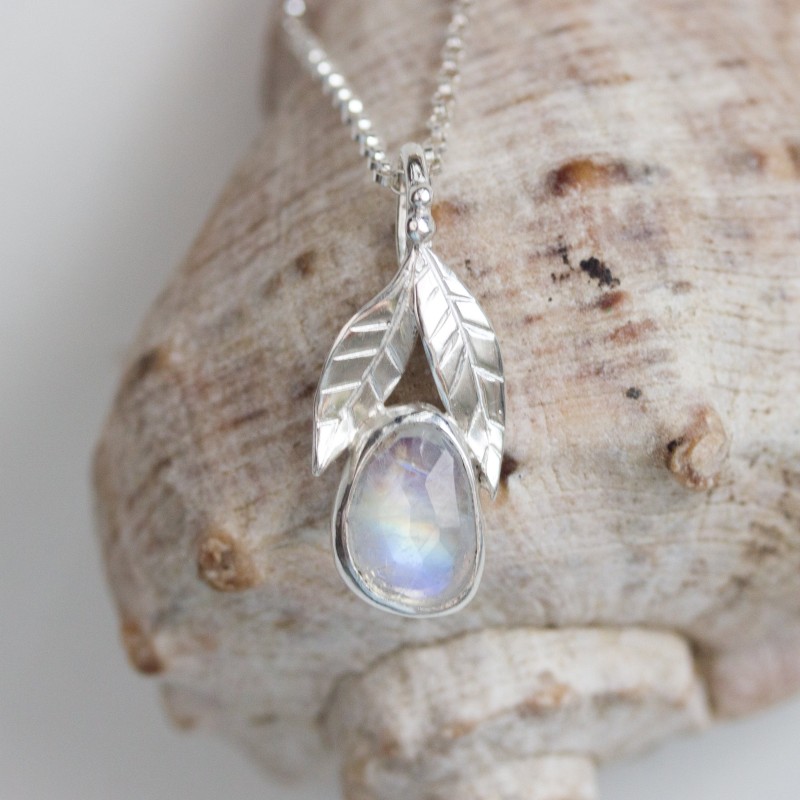 Rainbow moonstone necklace, sterling silver leaves