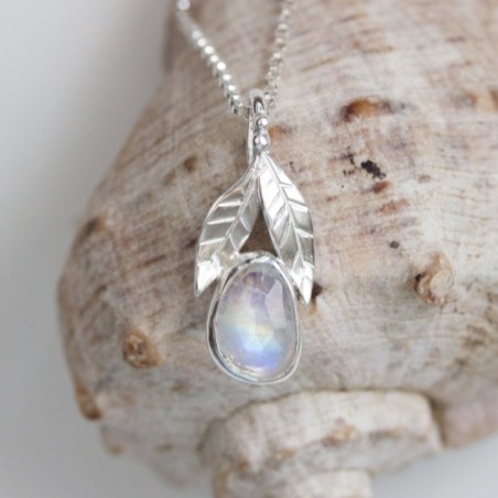 Rainbow moonstone necklace, sterling silver leaves