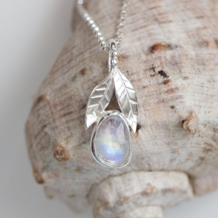 Rainbow moonstone necklace, sterling silver leaves