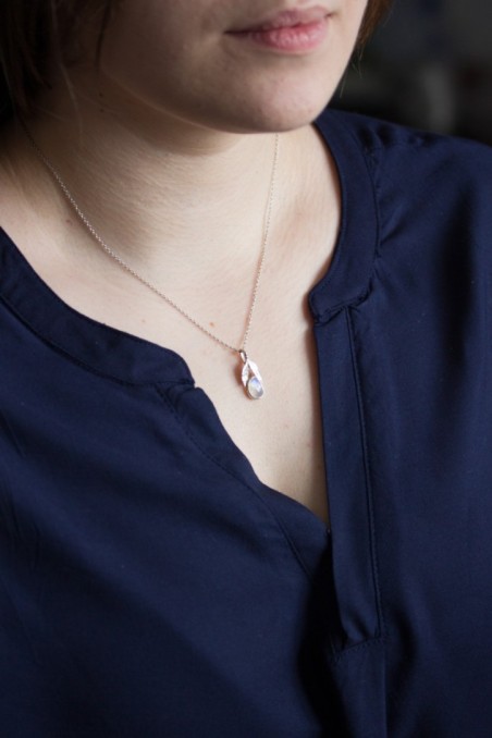 Rainbow moonstone necklace, sterling silver leaves