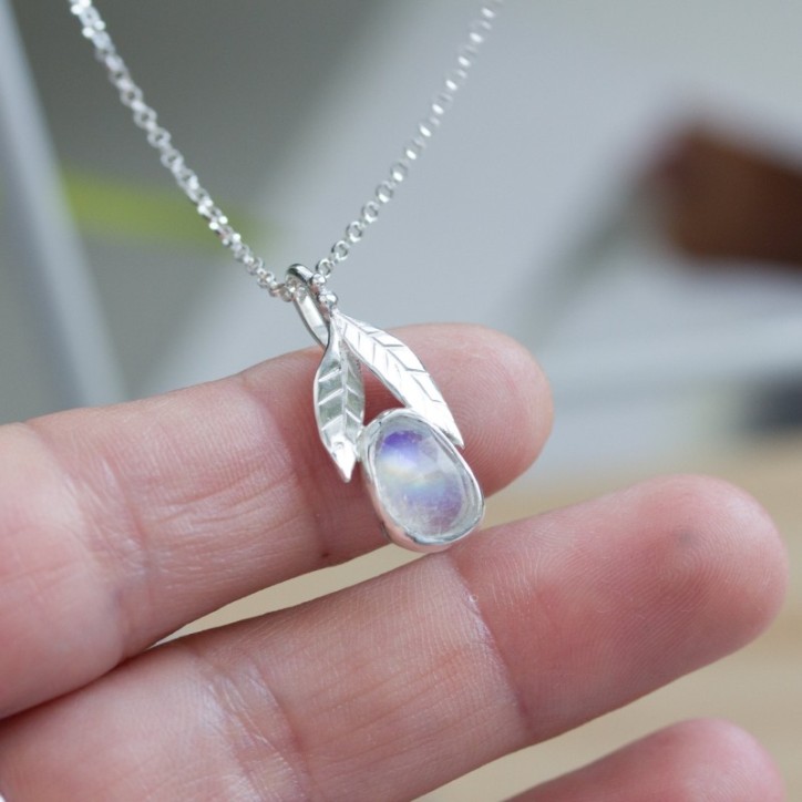 Rainbow moonstone necklace, sterling silver leaves