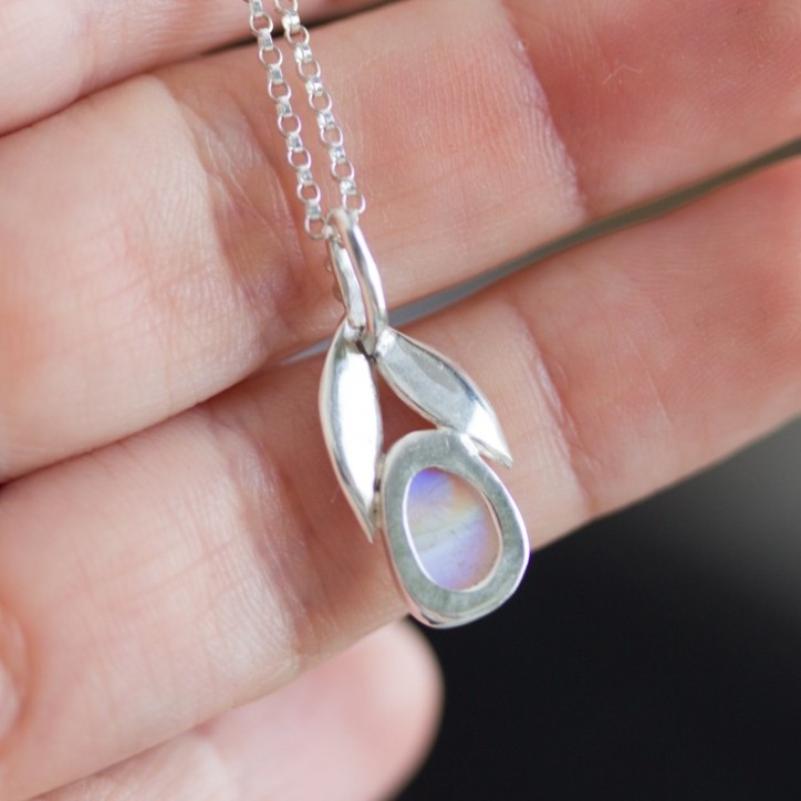 Rainbow moonstone necklace, sterling silver leaves