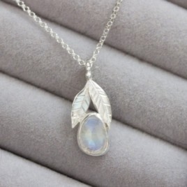 Rainbow moonstone necklace, sterling silver leaves