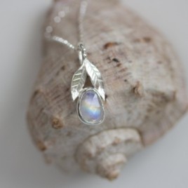 Rainbow moonstone necklace, sterling silver leaves