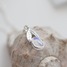 Rainbow moonstone necklace, sterling silver leaves