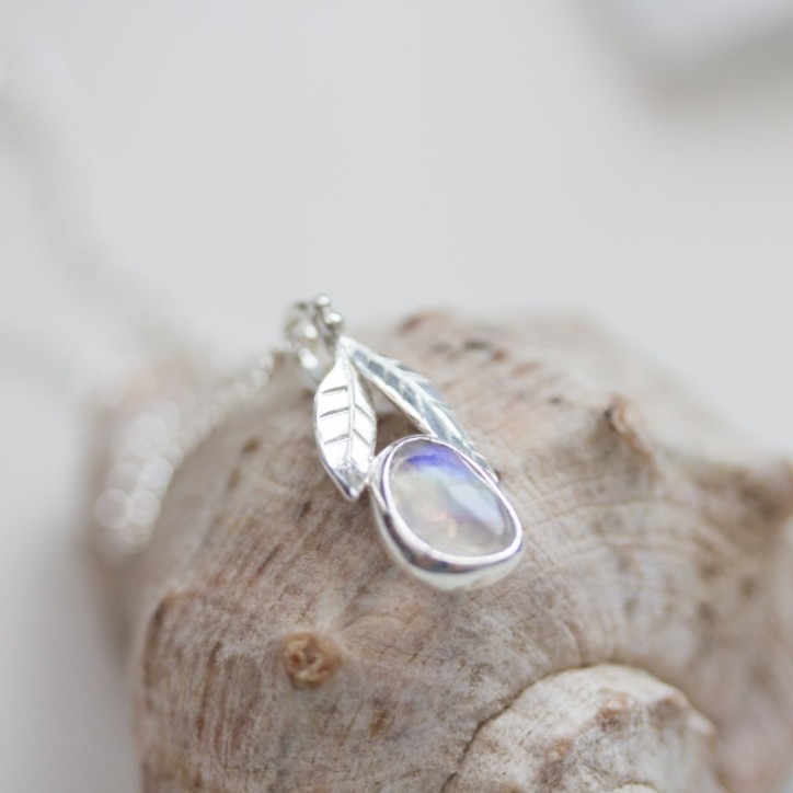 Rainbow moonstone necklace, sterling silver leaves