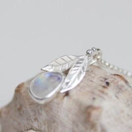 Rainbow moonstone necklace, sterling silver leaves