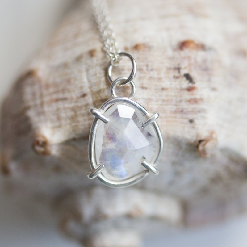 Freeform Rainbow moonstone necklace, sterling silver