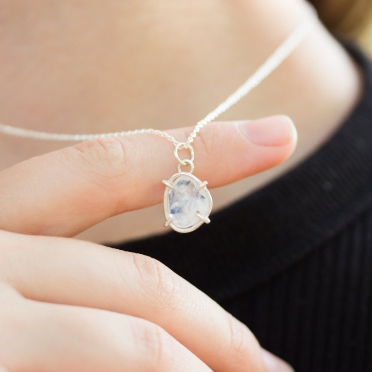 Freeform Rainbow moonstone necklace, sterling silver