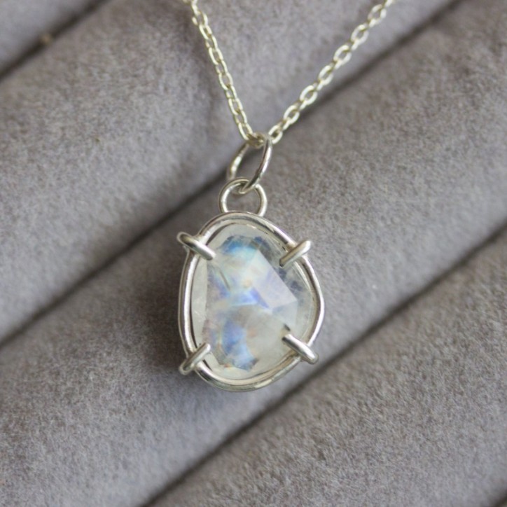 Freeform Rainbow moonstone necklace, sterling silver