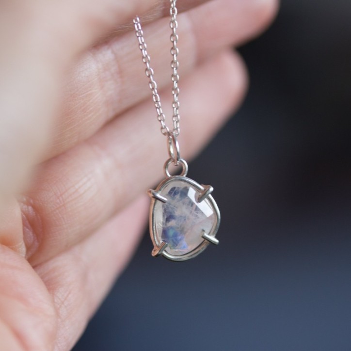 Freeform Rainbow moonstone necklace, sterling silver