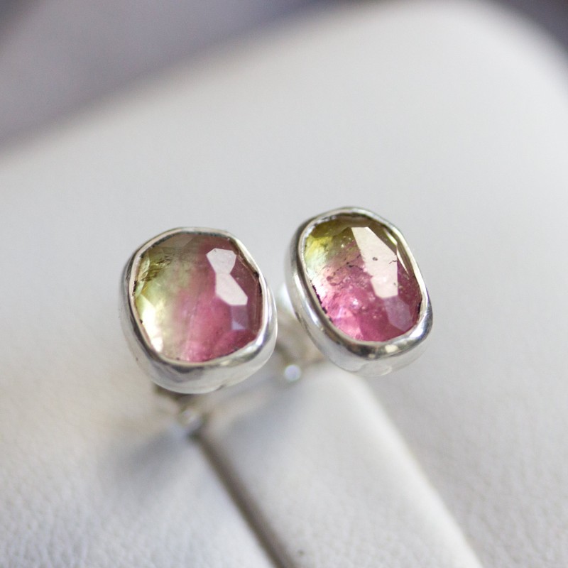 Mismatched watermelon Tourmaline stud earrings, sterling silver